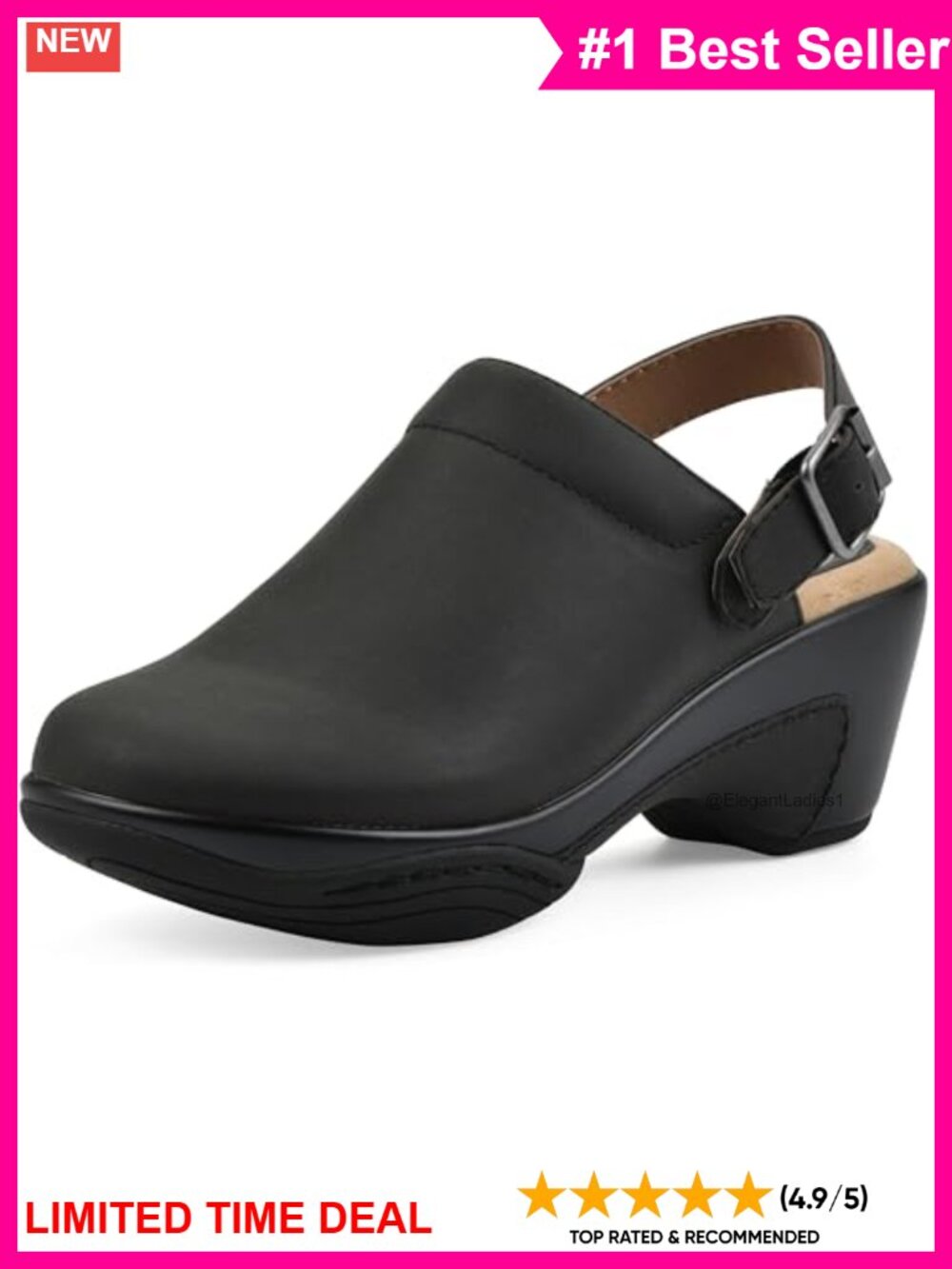 Women's Suedette Lined Heeled Clog with Adjustable Strap